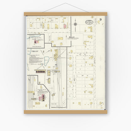 Old map wall art mockup — magnetic wood frame on white wall — Sanborn Fire Insurance Map from Mount Olive, Macoupin County, Illinois (1910), Sheet #0009