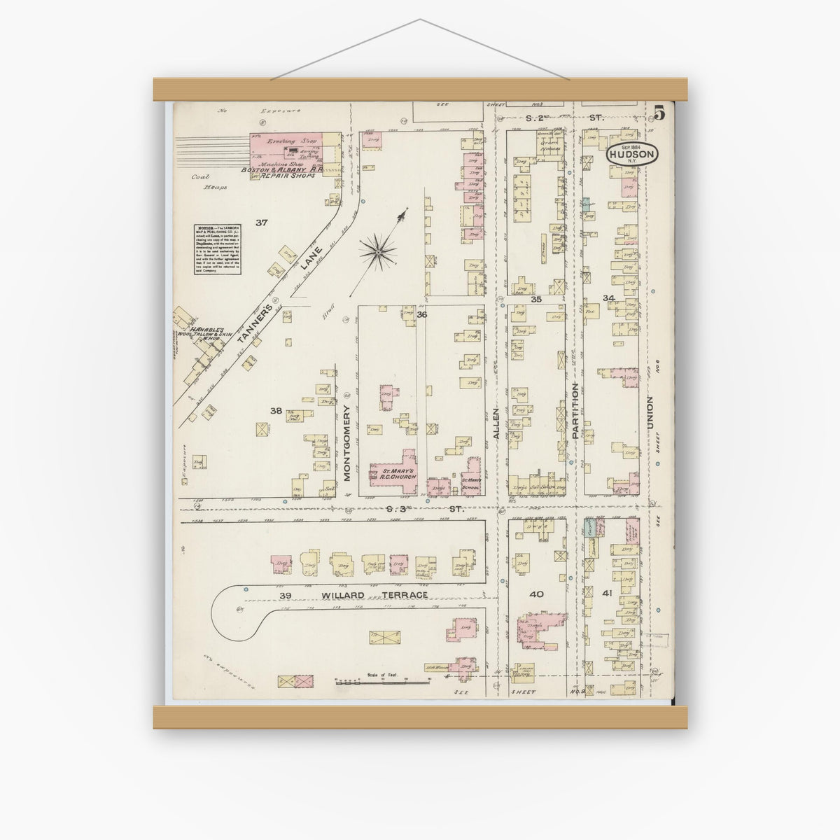 Old map wall art mockup — magnetic wood frame on white wall — Sanborn Fire Insurance Map from Hudson, Columbia County, New York (1884), Sheet #0005