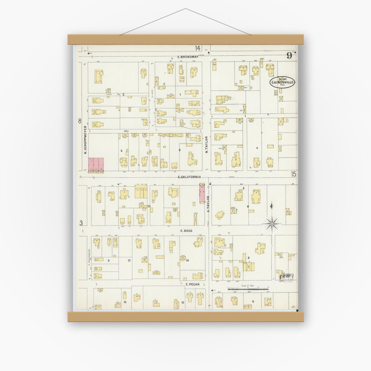 Old map wall art mockup — magnetic wood frame on white wall — Sanborn Fire Insurance Map from Gainesville, Cooke County, Texas (1897), Sheet #0009