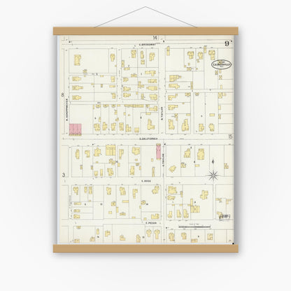 Old map wall art mockup — magnetic wood frame on white wall — Sanborn Fire Insurance Map from Gainesville, Cooke County, Texas (1897), Sheet #0009