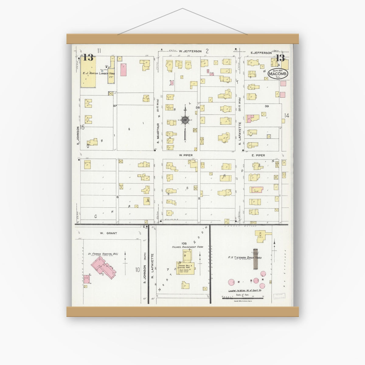 Old map wall art mockup — magnetic wood frame on white wall — Sanborn Fire Insurance Map from Macomb, Mcdonough County, Illinois (1924), Sheet #0013
