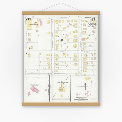 Old map wall art mockup — magnetic wood frame on white wall — Sanborn Fire Insurance Map from Macomb, Mcdonough County, Illinois (1924), Sheet #0013