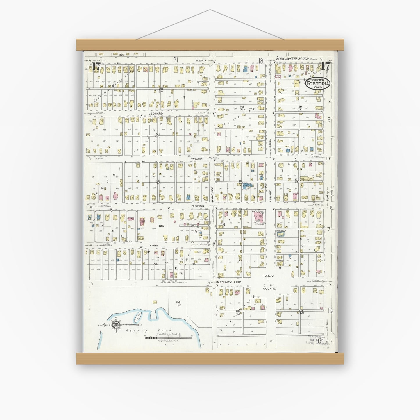 Old map wall art mockup — magnetic wood frame on white wall — Sanborn Fire Insurance Map from Fostoria, Seneca, Hancock, And Wood Counties, Ohio (1924), Sheet #0017