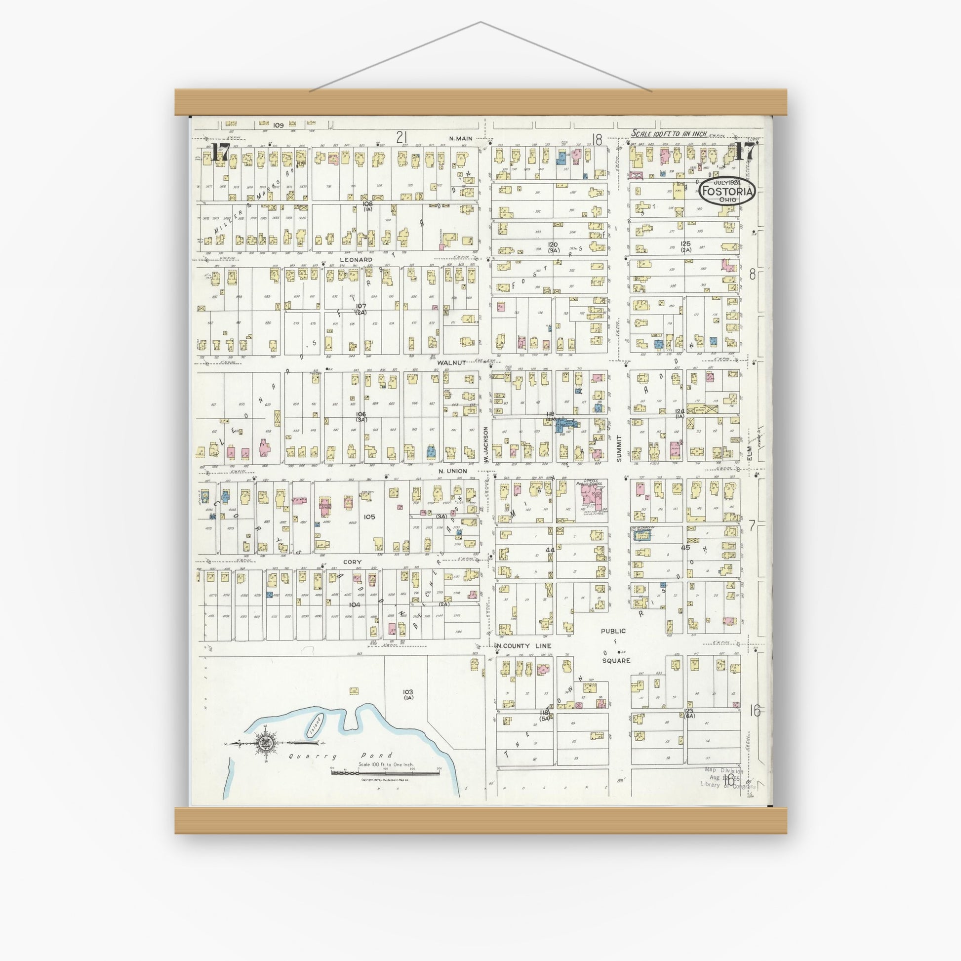 Old map wall art mockup — magnetic wood frame on white wall — Sanborn Fire Insurance Map from Fostoria, Seneca, Hancock, And Wood Counties, Ohio (1924), Sheet #0017