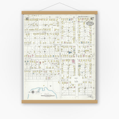 Old map wall art mockup — magnetic wood frame on white wall — Sanborn Fire Insurance Map from Fostoria, Seneca, Hancock, And Wood Counties, Ohio (1924), Sheet #0017