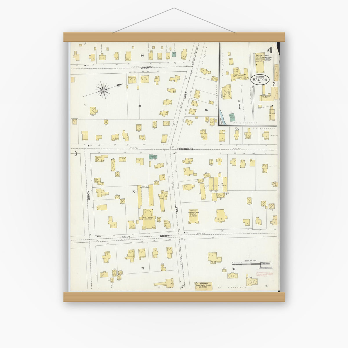Old map wall art mockup — magnetic wood frame on white wall — Sanborn Fire Insurance Map from Walton, Delaware County, New York (1903), Sheet #0004