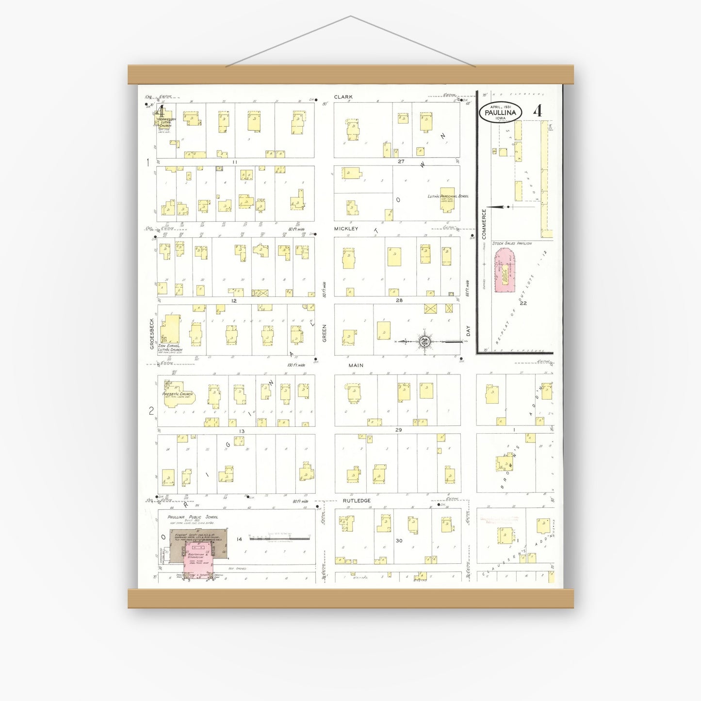 Old map wall art mockup — magnetic wood frame on white wall — Sanborn Fire Insurance Map from Paullina, O'Brien County, Iowa (1931), Sheet #0004