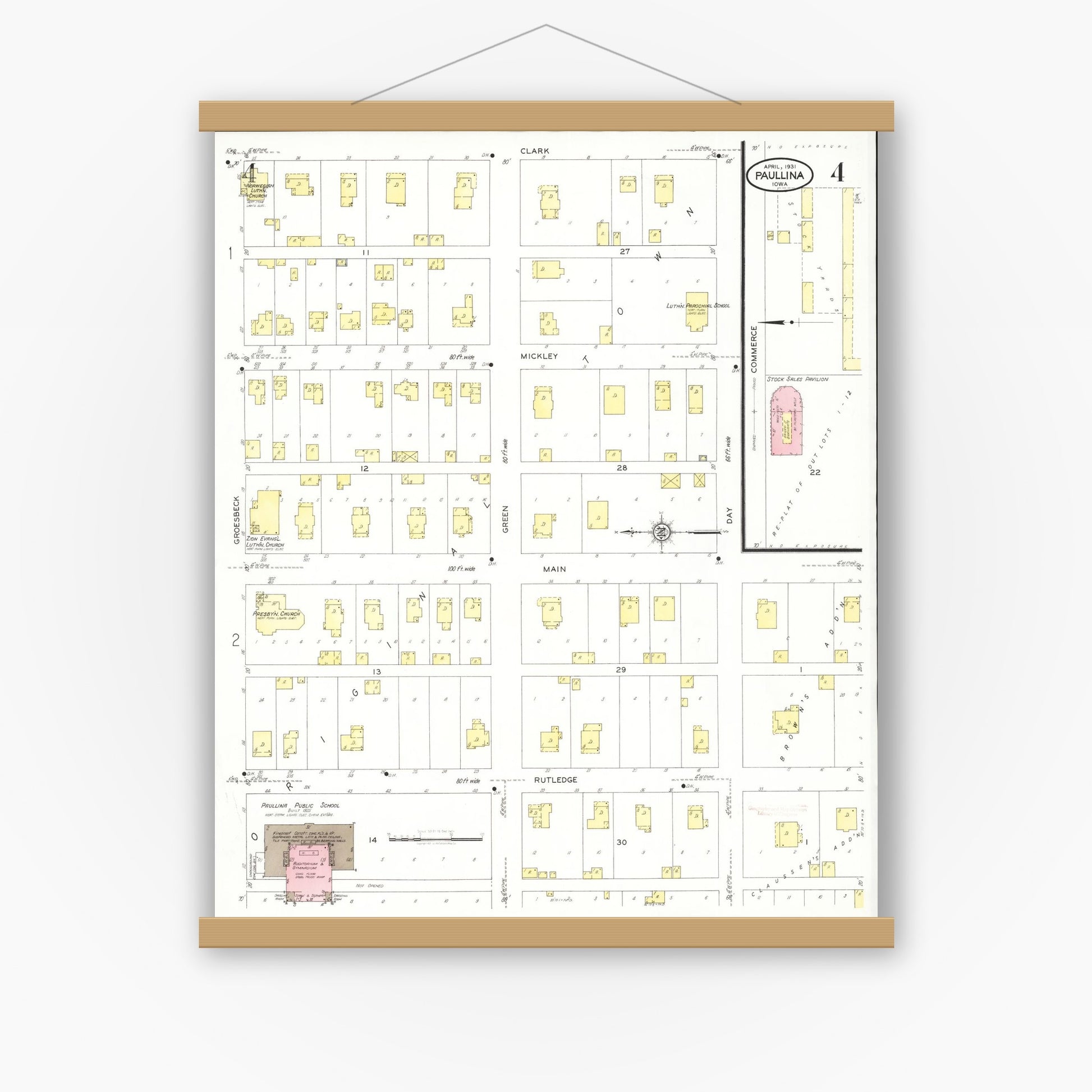 Old map wall art mockup — magnetic wood frame on white wall — Sanborn Fire Insurance Map from Paullina, O'Brien County, Iowa (1931), Sheet #0004