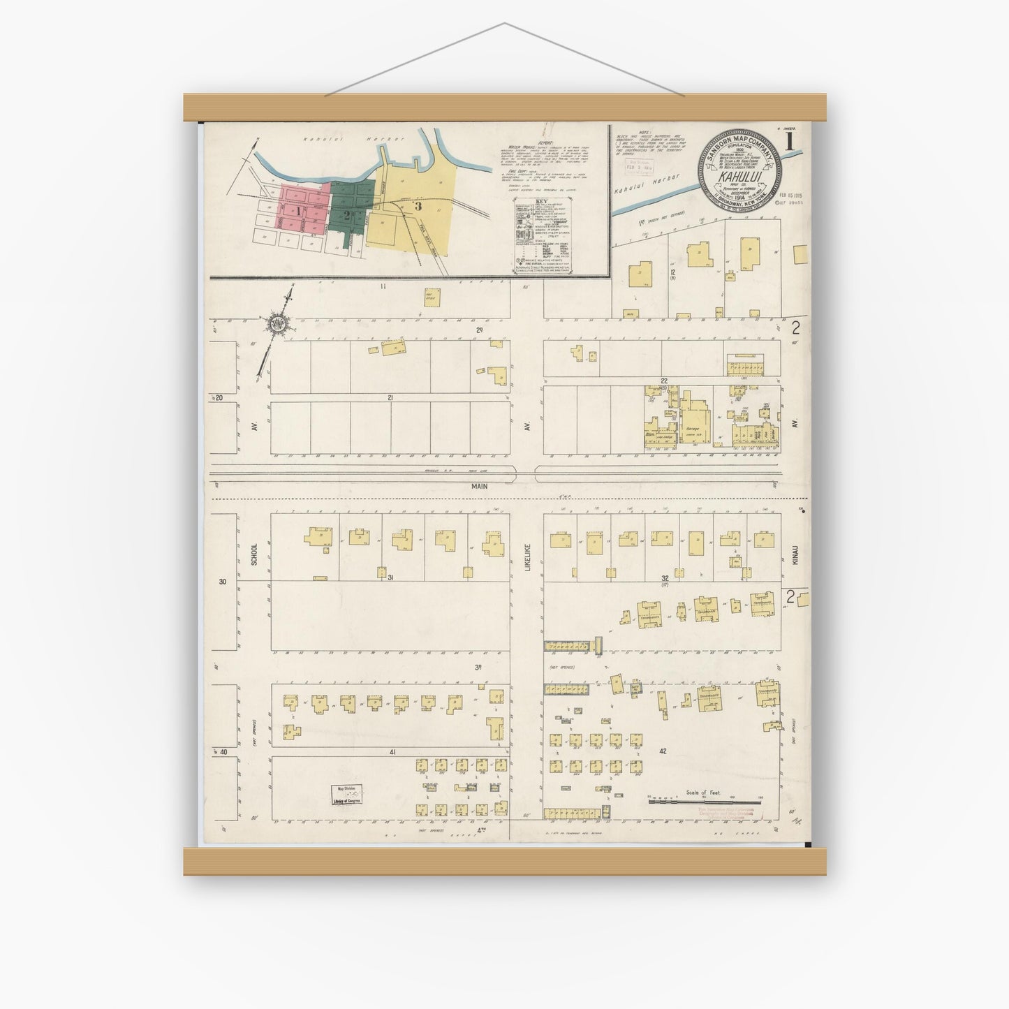 Old map wall art mockup — magnetic wood frame on white wall — Sanborn Fire Insurance Map from Kahului, Maui County, Hawaii (1914) - Complete Map Set