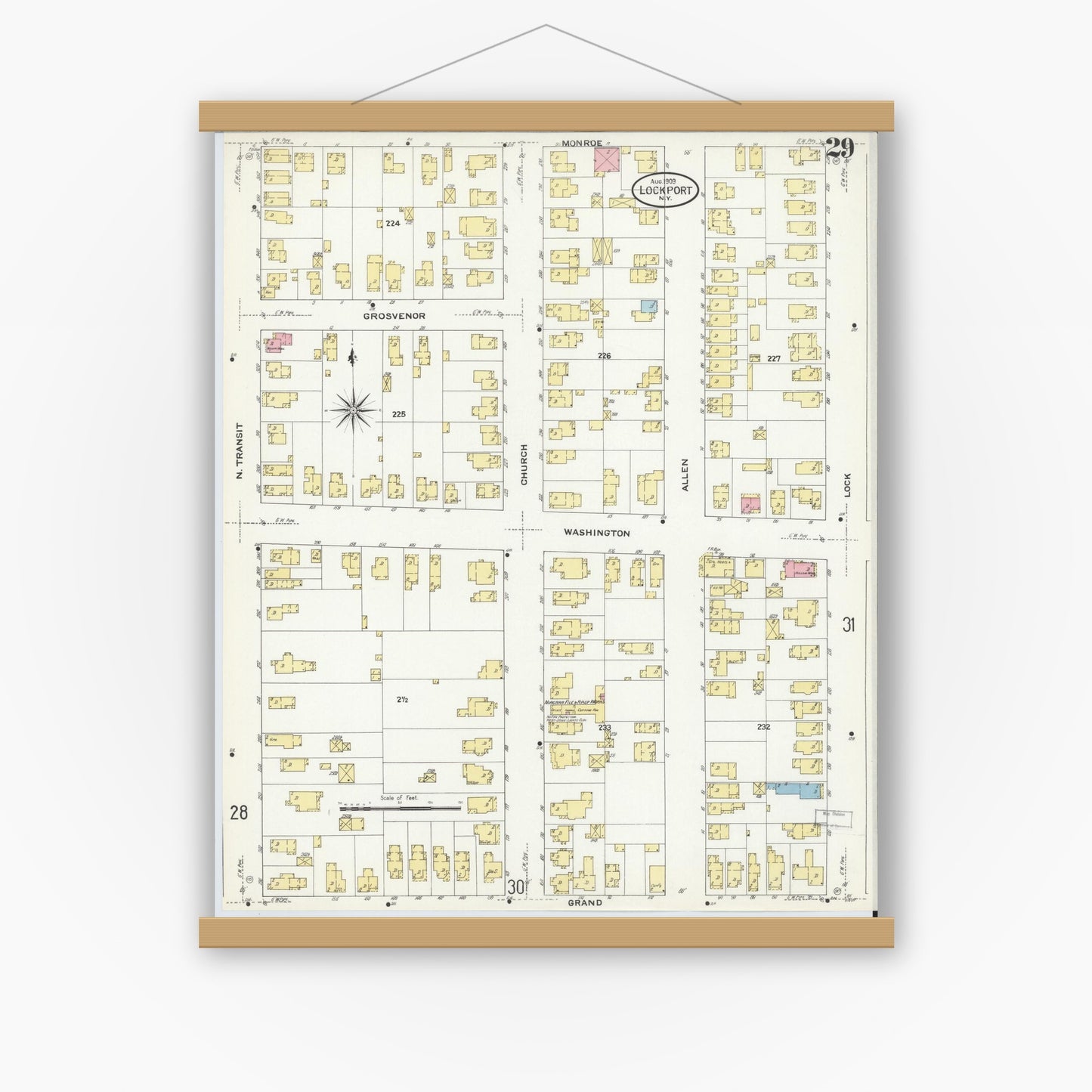 Old map wall art mockup — magnetic wood frame on white wall — Sanborn Fire Insurance Map from Lockport, Niagara County, New York (1909), Sheet #0029