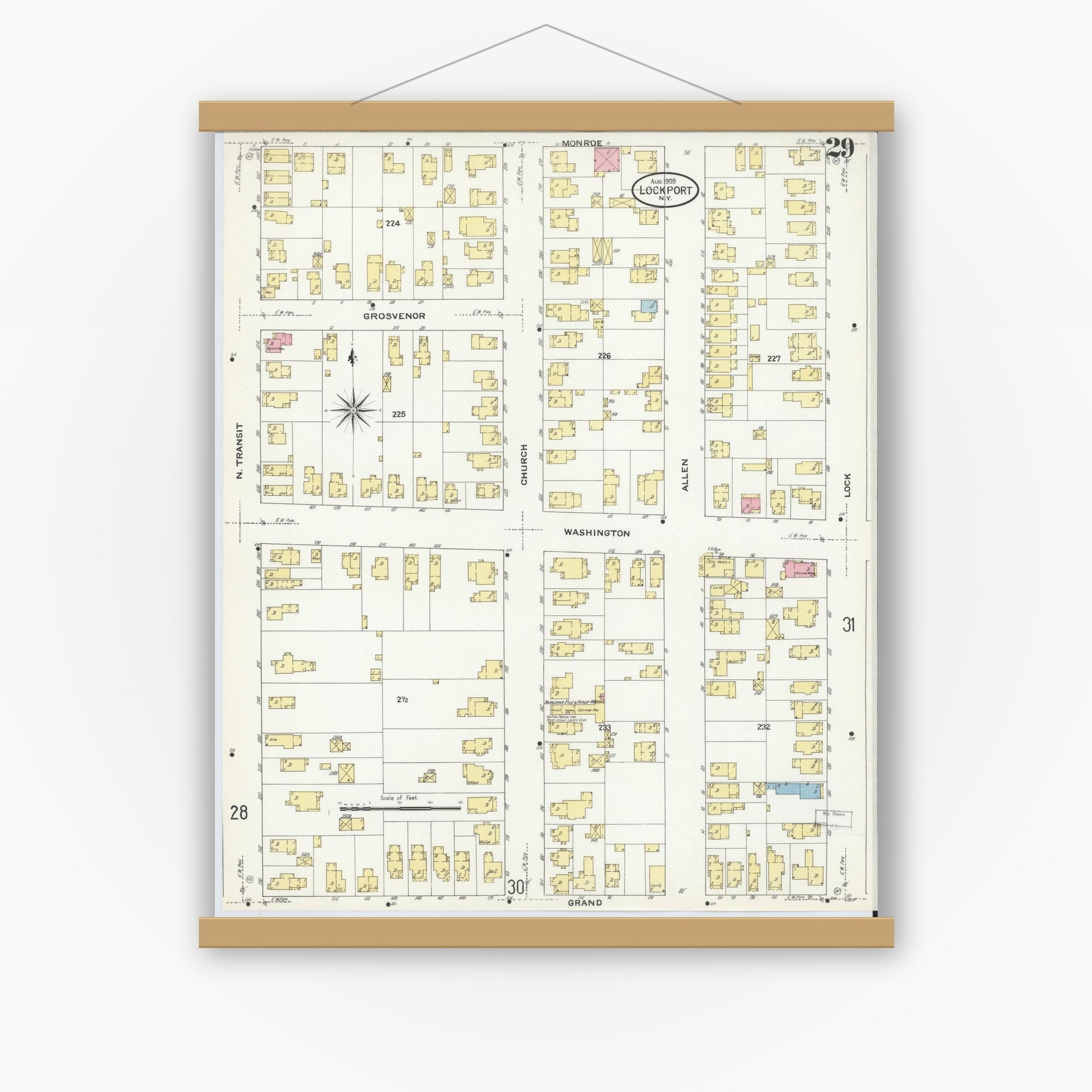 Old map wall art mockup — magnetic wood frame on white wall — Sanborn Fire Insurance Map from Lockport, Niagara County, New York (1909), Sheet #0029