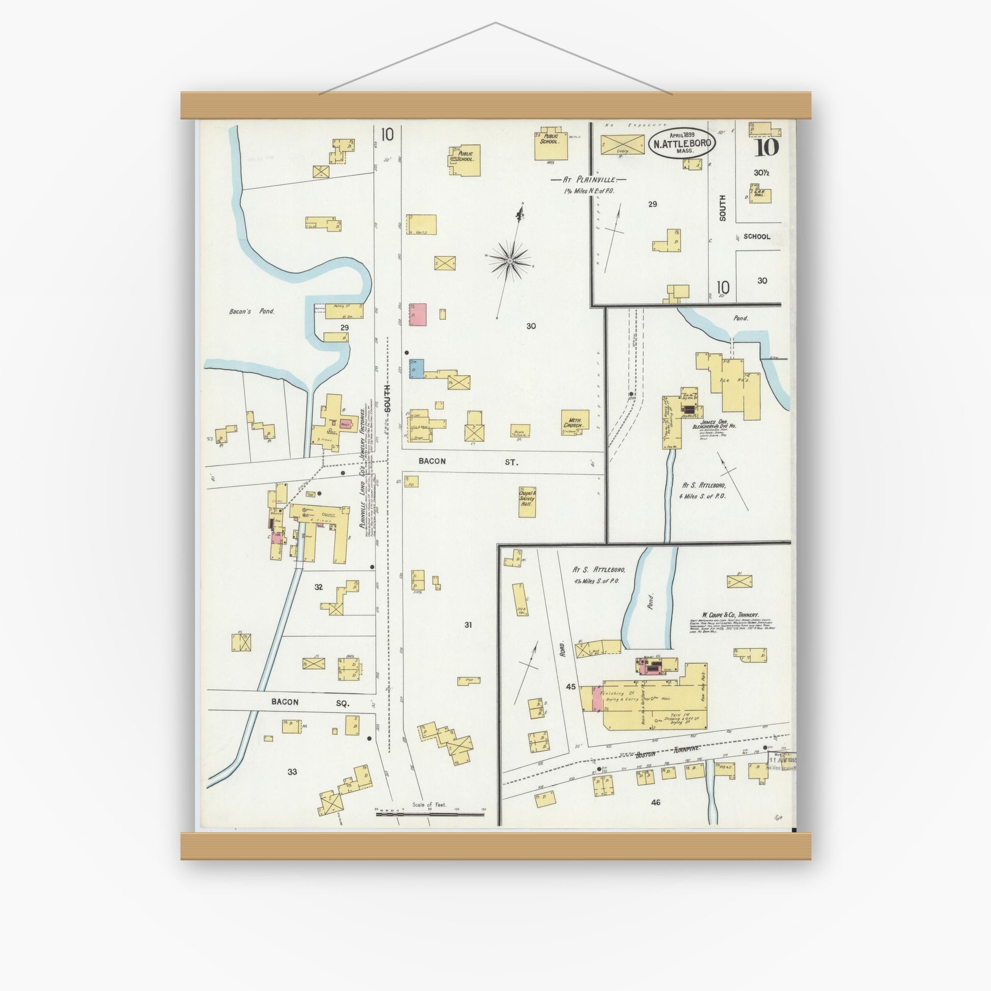Old map wall art mockup — magnetic wood frame on white wall — Sanborn Fire Insurance Map from North Attleborough, Bristol County, Massachusetts (1899), Sheet #0010