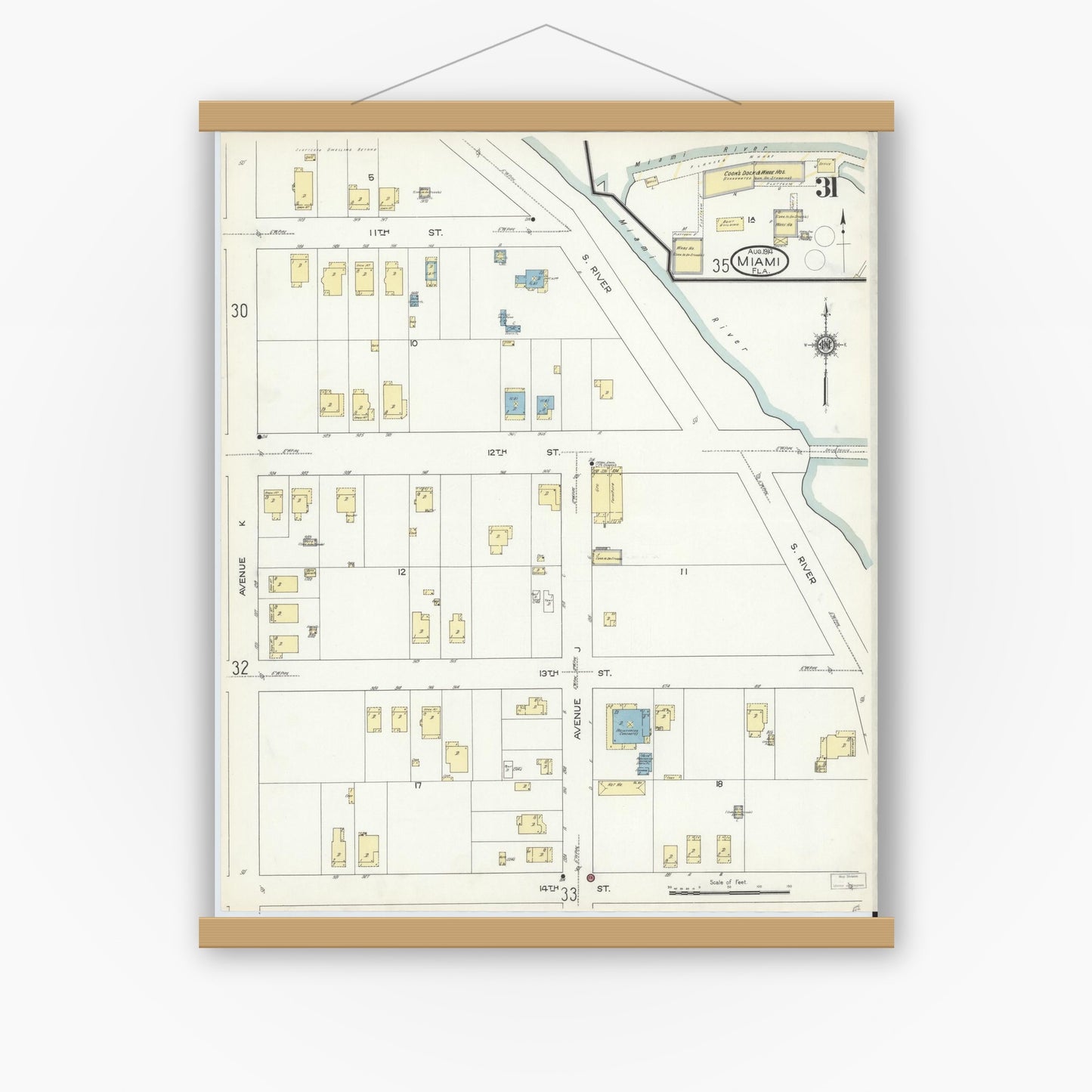 Old map wall art mockup — magnetic wood frame on white wall — Sanborn Fire Insurance Map from Miami, Dade County, Florida (1914), Sheet #0031