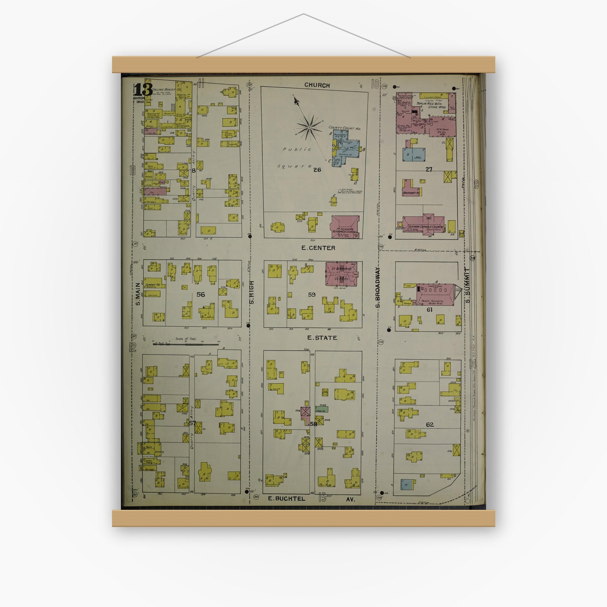 Old map wall art mockup — magnetic wood frame on white wall — Sanborn Fire Insurance Map from Akron, Summit County, Ohio (1892), Sheet #0013