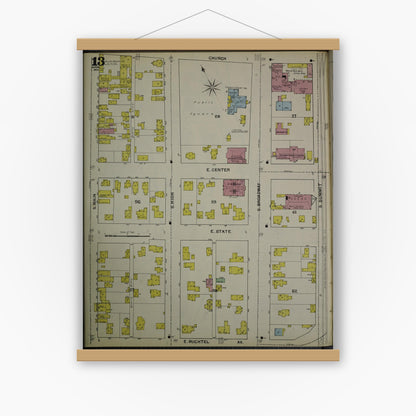 Old map wall art mockup — magnetic wood frame on white wall — Sanborn Fire Insurance Map from Akron, Summit County, Ohio (1892), Sheet #0013