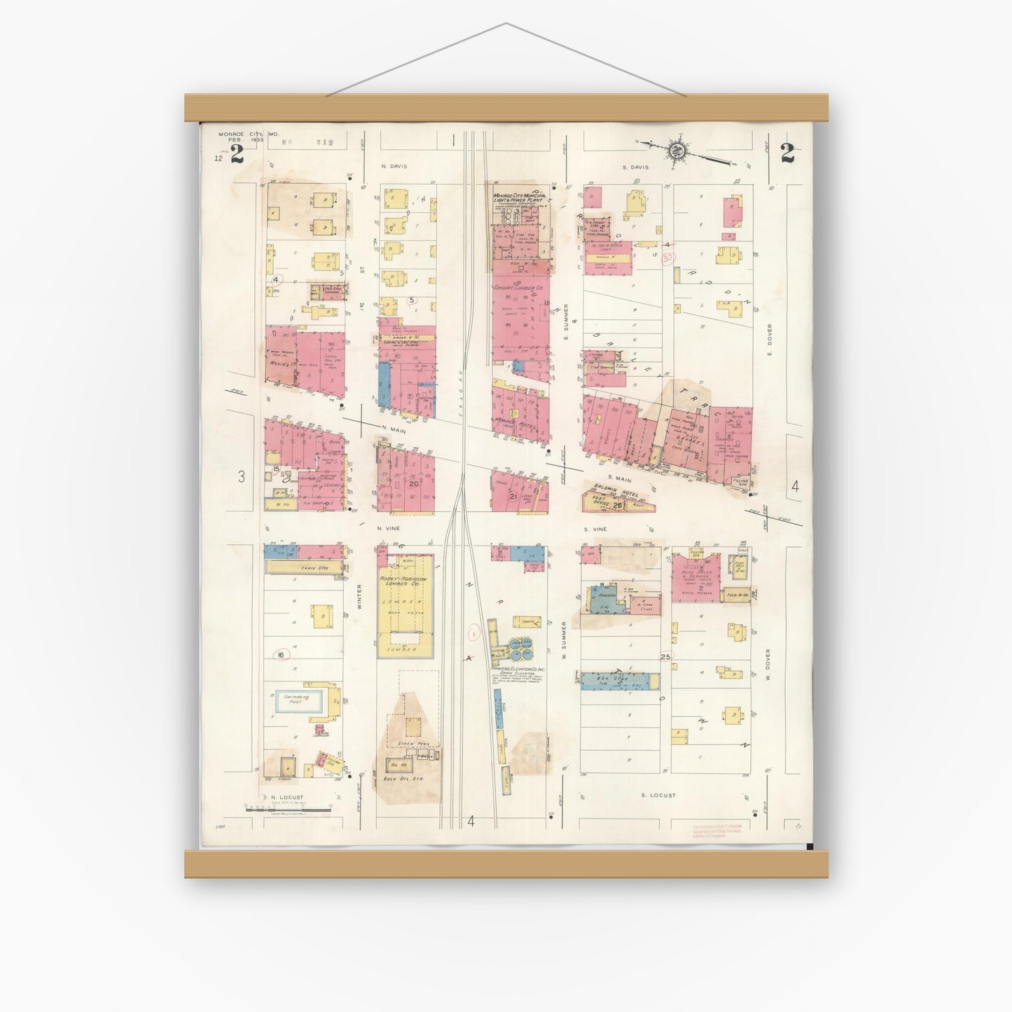 Old map wall art mockup — magnetic wood frame on white wall — Sanborn Fire Insurance Map from Monroe City, Monroe County, Missouri (1943), Sheet #0002