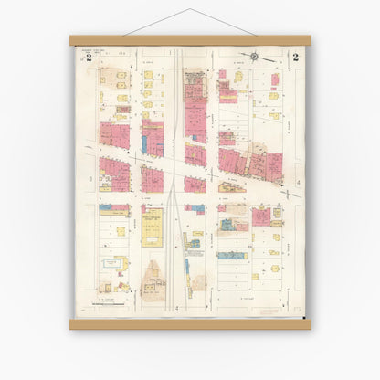 Old map wall art mockup — magnetic wood frame on white wall — Sanborn Fire Insurance Map from Monroe City, Monroe County, Missouri (1943), Sheet #0002