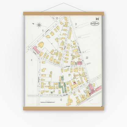 Old map wall art mockup — magnetic wood frame on white wall — Sanborn Fire Insurance Map from North Adams, Berkshire County, Massachusetts (1901), Sheet #0014