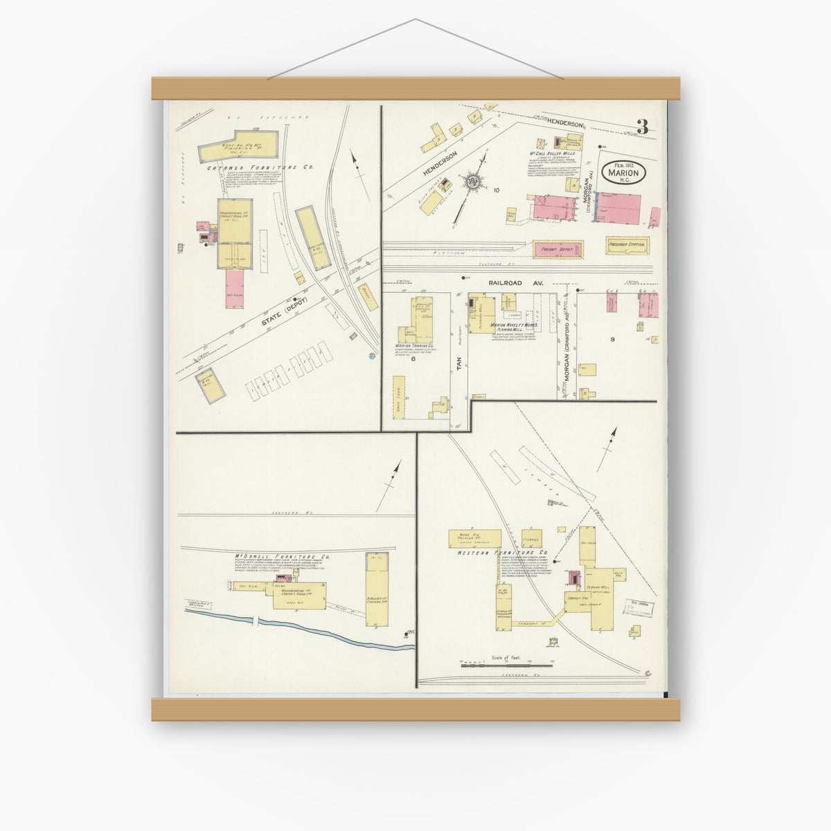 Old map wall art mockup — magnetic wood frame on white wall — Sanborn Fire Insurance Map from Marion, Mcdowell County, North Carolina (1913), Sheet #0003