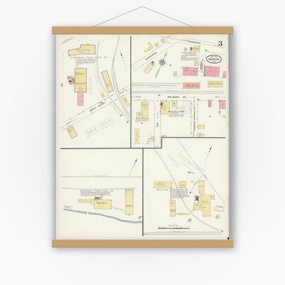 Old map wall art mockup — magnetic wood frame on white wall — Sanborn Fire Insurance Map from Marion, Mcdowell County, North Carolina (1913), Sheet #0003