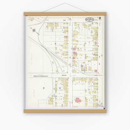 Old map wall art mockup — magnetic wood frame on white wall — Sanborn Fire Insurance Map from Gallipolis, Gallia County, Ohio (1916), Sheet #0008