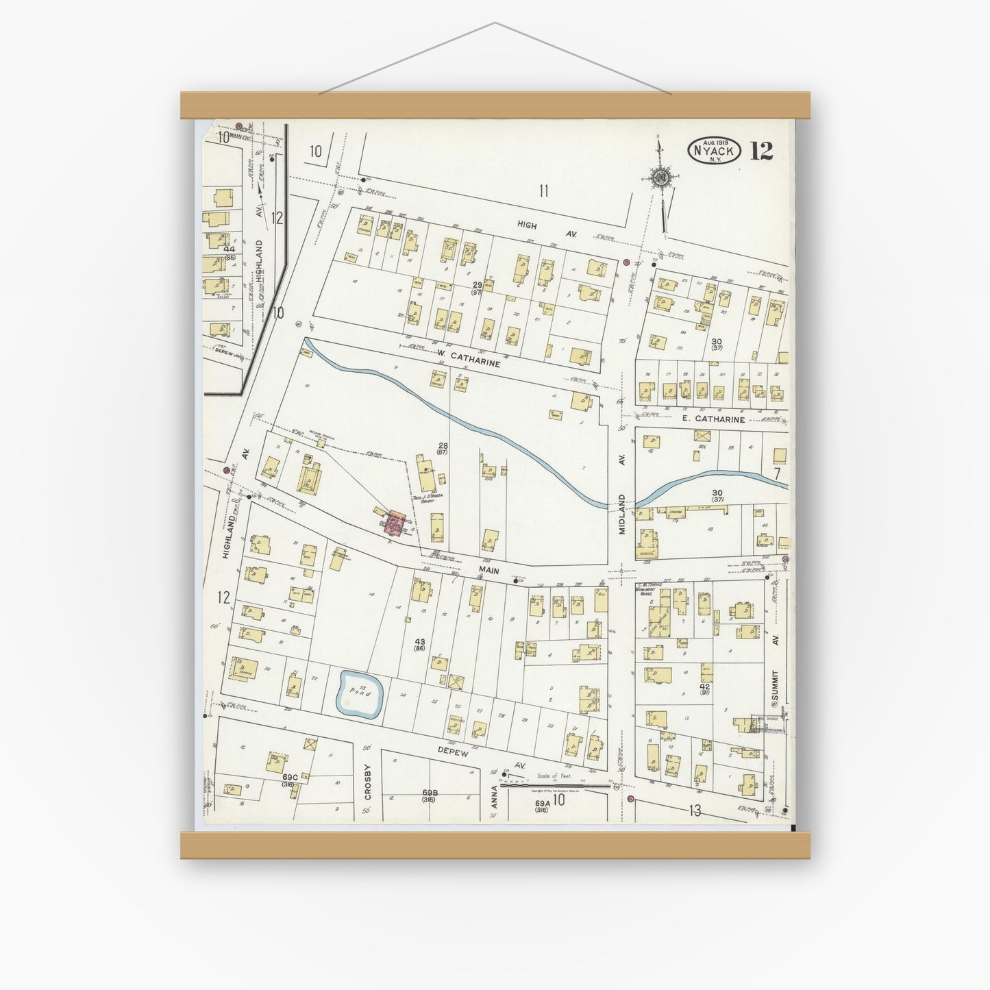 Old map wall art mockup — magnetic wood frame on white wall — Sanborn Fire Insurance Map from Nyack, Rockland County, New York. (1919), Sheet #0012
