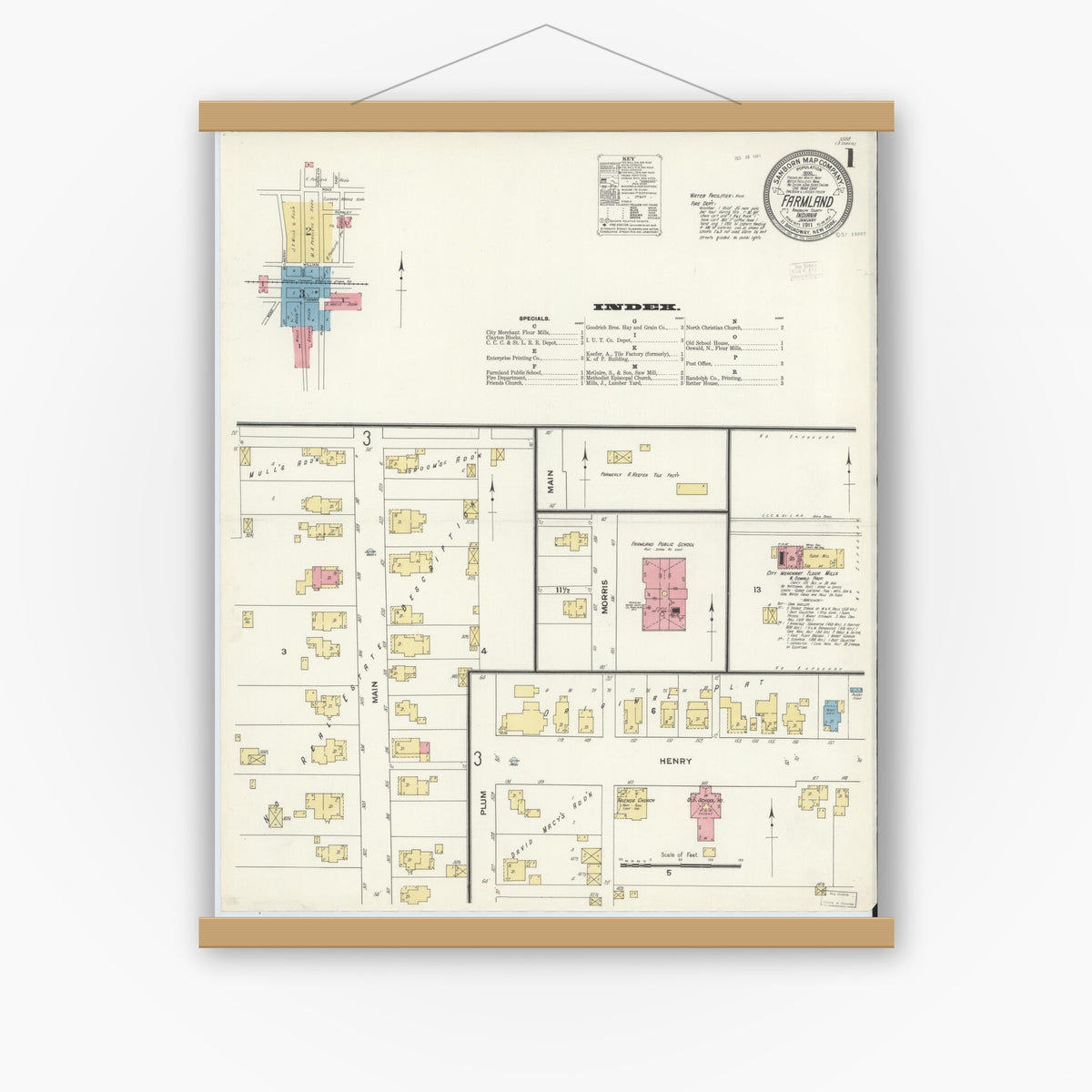 Old map wall art mockup — magnetic wood frame on white wall — Sanborn Fire Insurance Map from Farmland, Randolph County, Indiana (1911), Sheet #0001