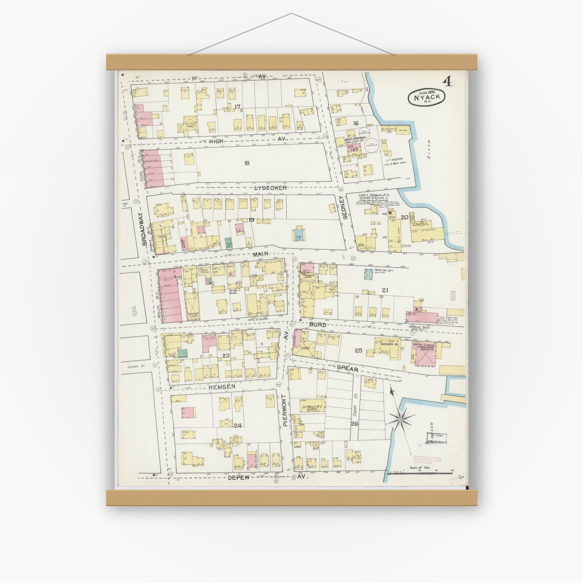 Old map wall art mockup — magnetic wood frame on white wall — Sanborn Fire Insurance Map from Nyack, Rockland County, New York. (1892), Sheet #0004