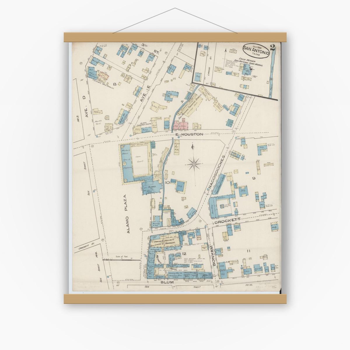 Old map wall art mockup — magnetic wood frame on white wall — Sanborn Fire Insurance Map from San Antonio, Bexar County, Texas (1885), Sheet #0002