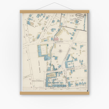 Old map wall art mockup — magnetic wood frame on white wall — Sanborn Fire Insurance Map from San Antonio, Bexar County, Texas (1885), Sheet #0002