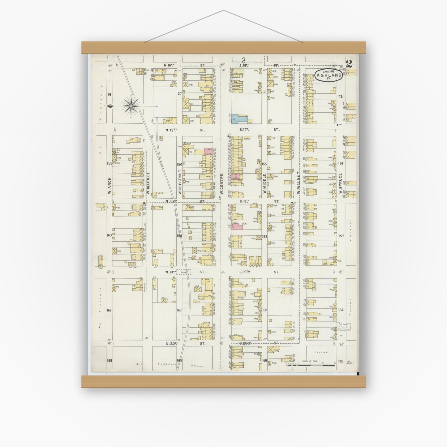 Old map wall art mockup — magnetic wood frame on white wall — Sanborn Fire Insurance Map from Ashland, Schuylkill County, Pennsylvania (1896), Sheet #0002