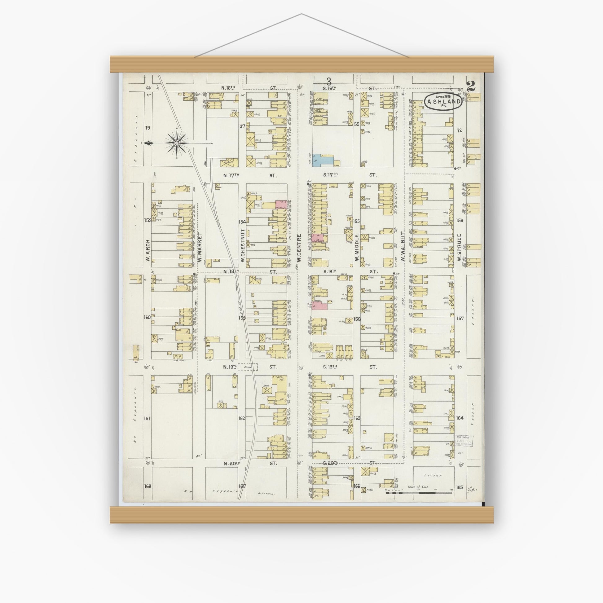 Old map wall art mockup — magnetic wood frame on white wall — Sanborn Fire Insurance Map from Ashland, Schuylkill County, Pennsylvania (1896), Sheet #0002