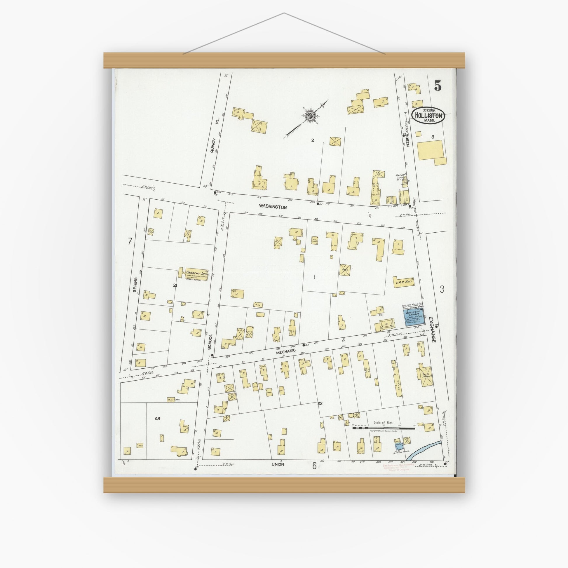 Old map wall art mockup — magnetic wood frame on white wall — Sanborn Fire Insurance Map from Holliston, Middlesex County, Massachusetts (1919), Sheet #0005