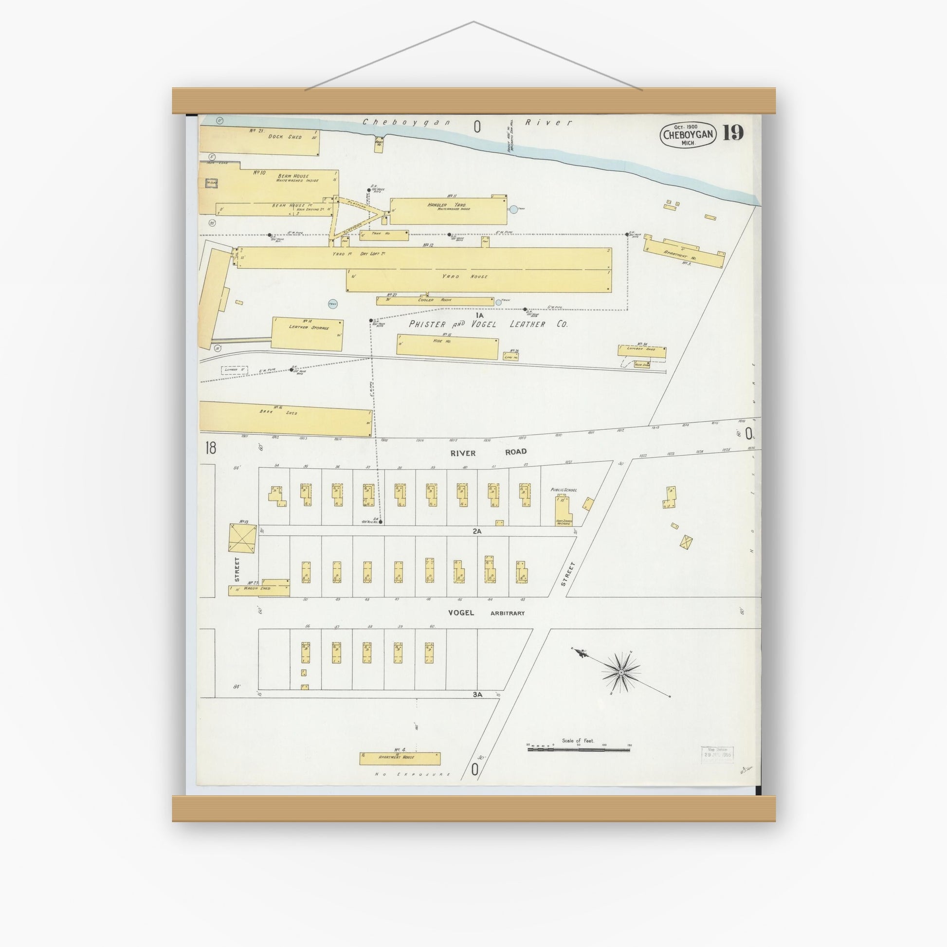 Old map wall art mockup — magnetic wood frame on white wall — Sanborn Fire Insurance Map from Cheboygan, Cheboygan County, Michigan (1900), Sheet #0019