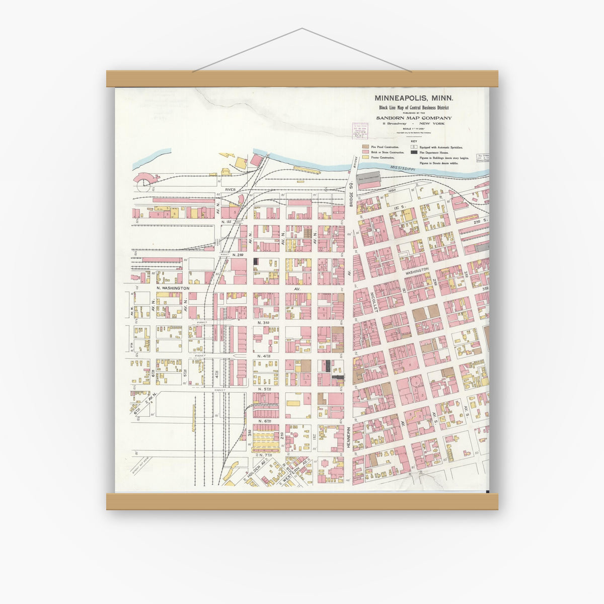 Old map wall art mockup — magnetic wood frame on white wall — Sanborn Fire Insurance Map from Minneapolis, Hennepin County, Minnesota (1904), Sheet #0001