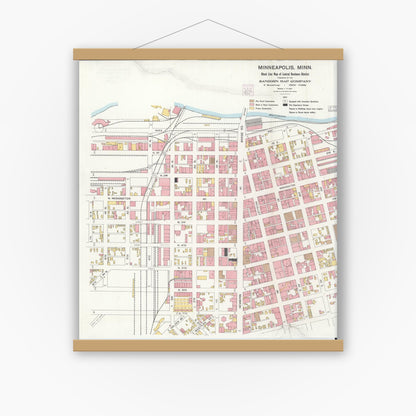 Old map wall art mockup — magnetic wood frame on white wall — Sanborn Fire Insurance Map from Minneapolis, Hennepin County, Minnesota (1904), Sheet #0001