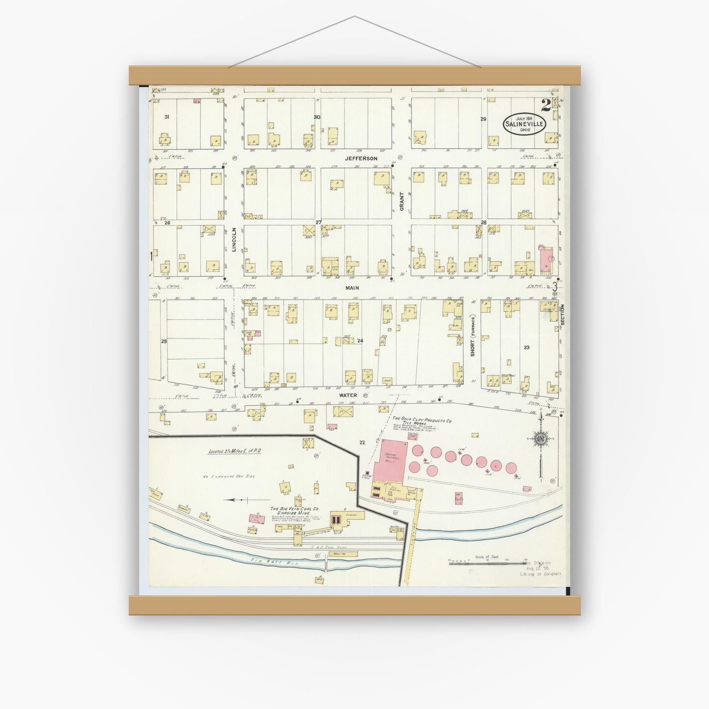 Old map wall art mockup — magnetic wood frame on white wall — Sanborn Fire Insurance Map from Salineville, Columbiana County, Ohio (1911), Sheet #0002
