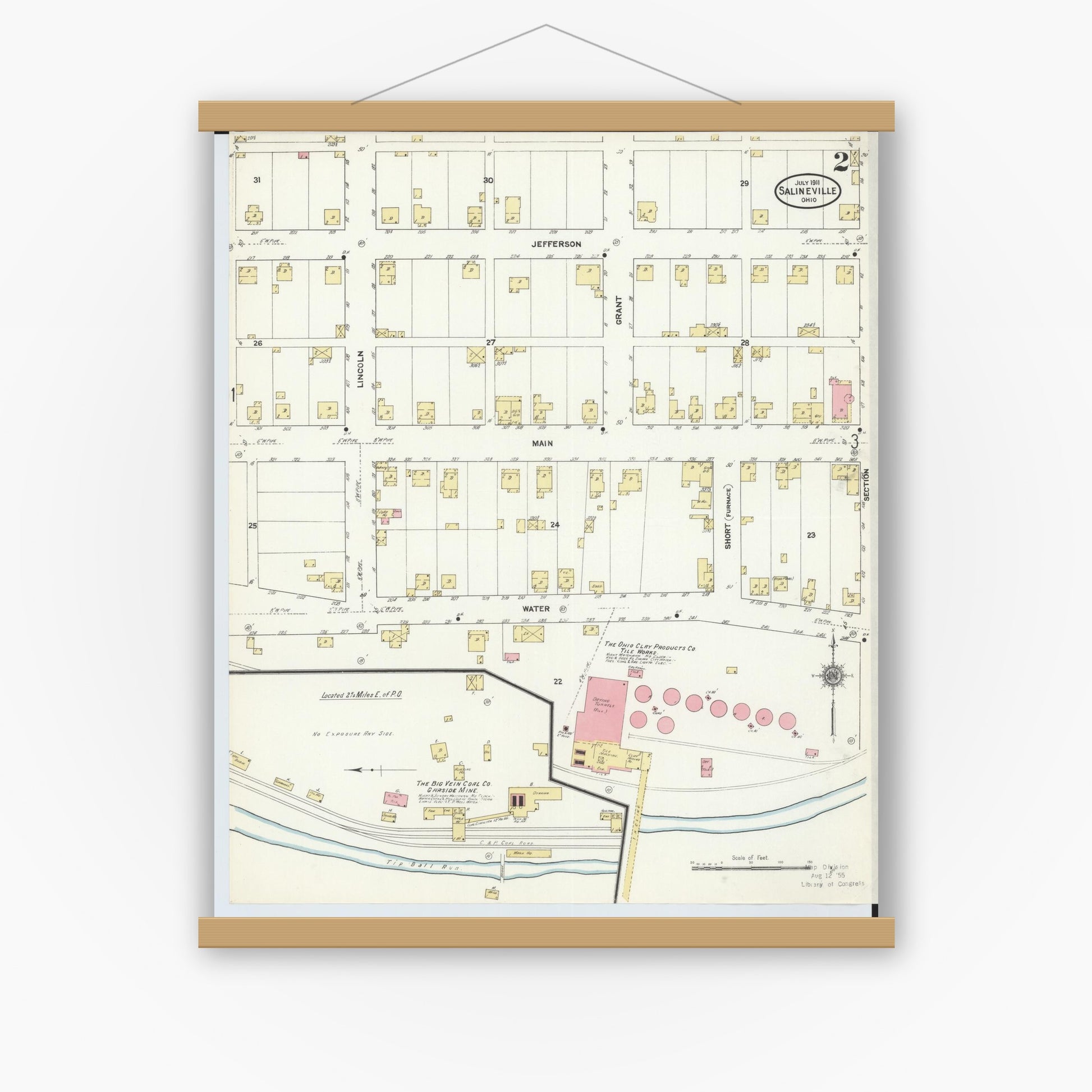 Old map wall art mockup — magnetic wood frame on white wall — Sanborn Fire Insurance Map from Salineville, Columbiana County, Ohio (1911), Sheet #0002