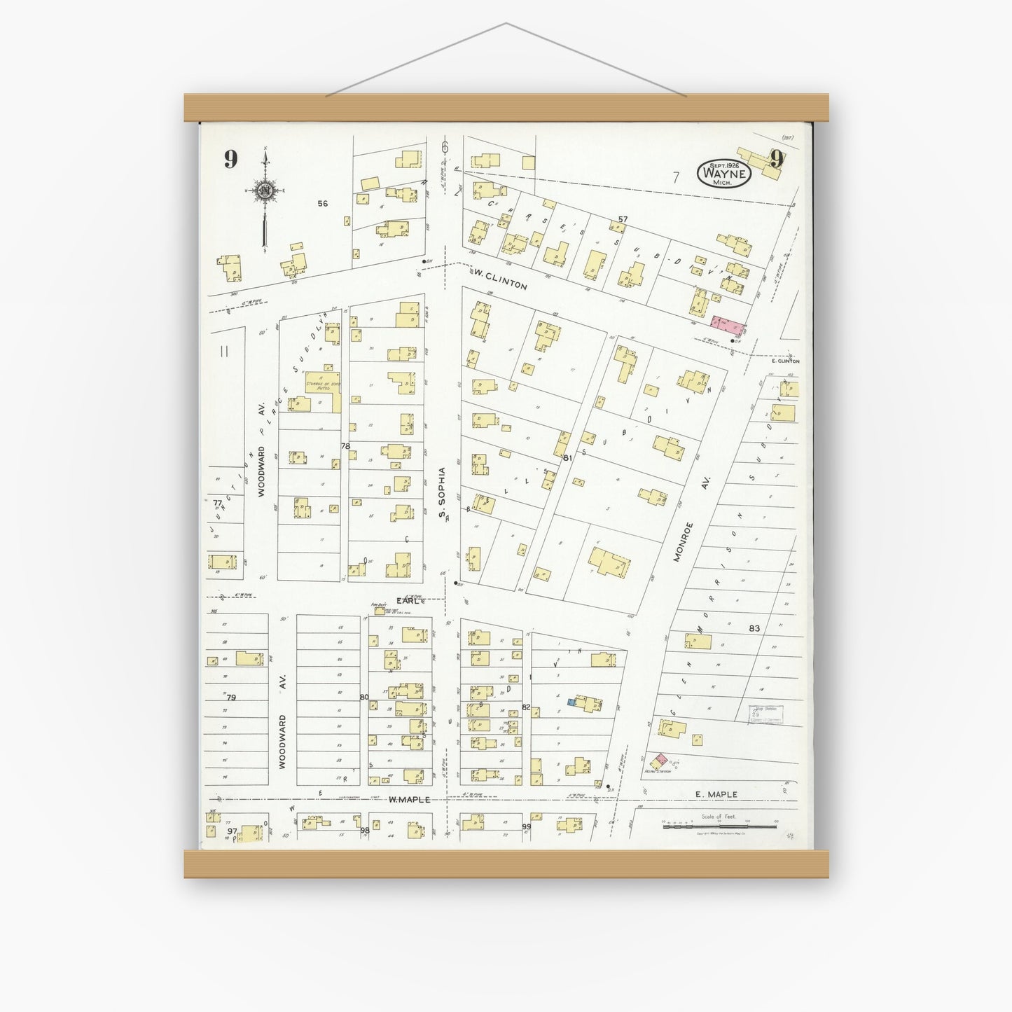 Old map wall art mockup — magnetic wood frame on white wall — Sanborn Fire Insurance Map from Wayne, Wayne County, Michigan (1926), Sheet #0009