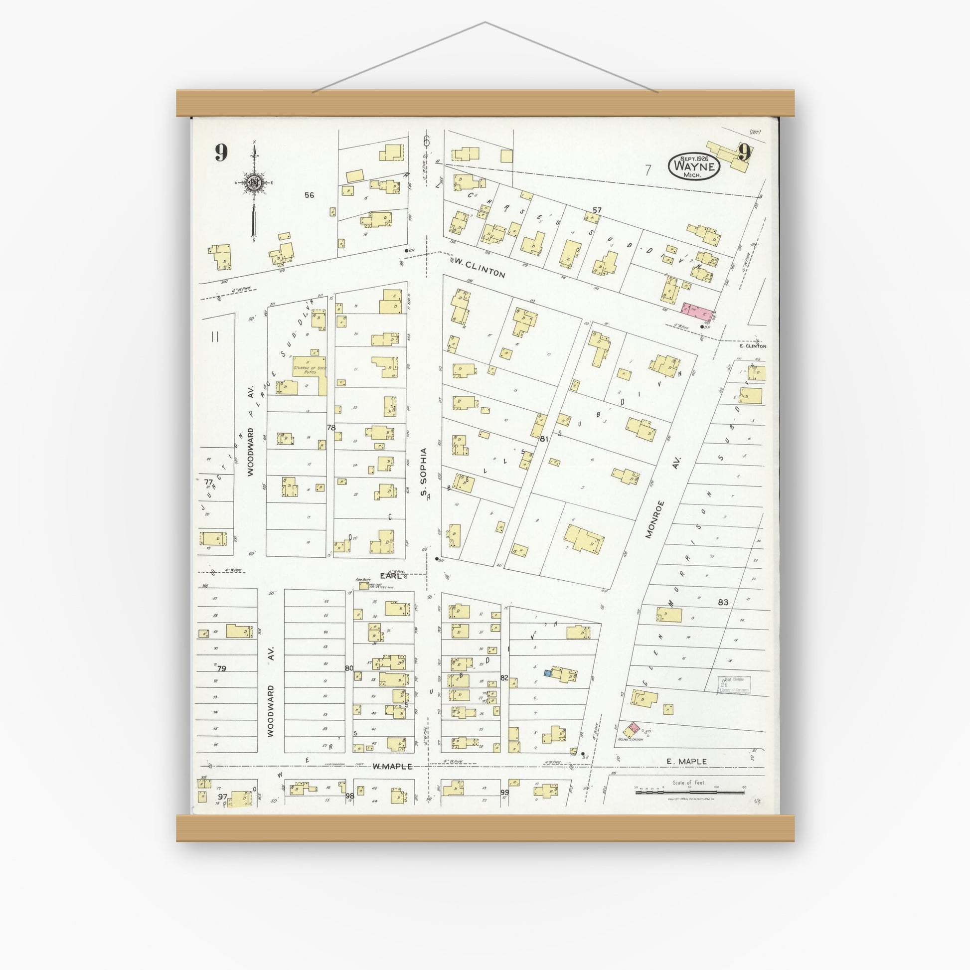Old map wall art mockup — magnetic wood frame on white wall — Sanborn Fire Insurance Map from Wayne, Wayne County, Michigan (1926), Sheet #0009