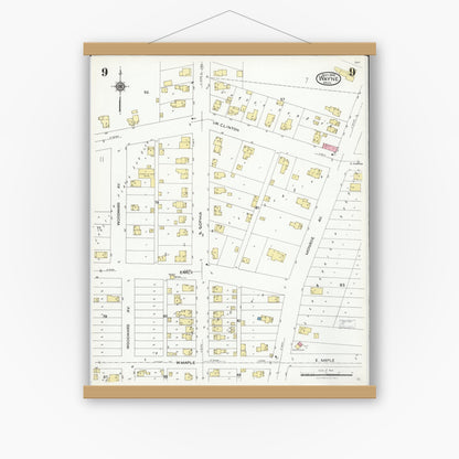 Old map wall art mockup — magnetic wood frame on white wall — Sanborn Fire Insurance Map from Wayne, Wayne County, Michigan (1926), Sheet #0009