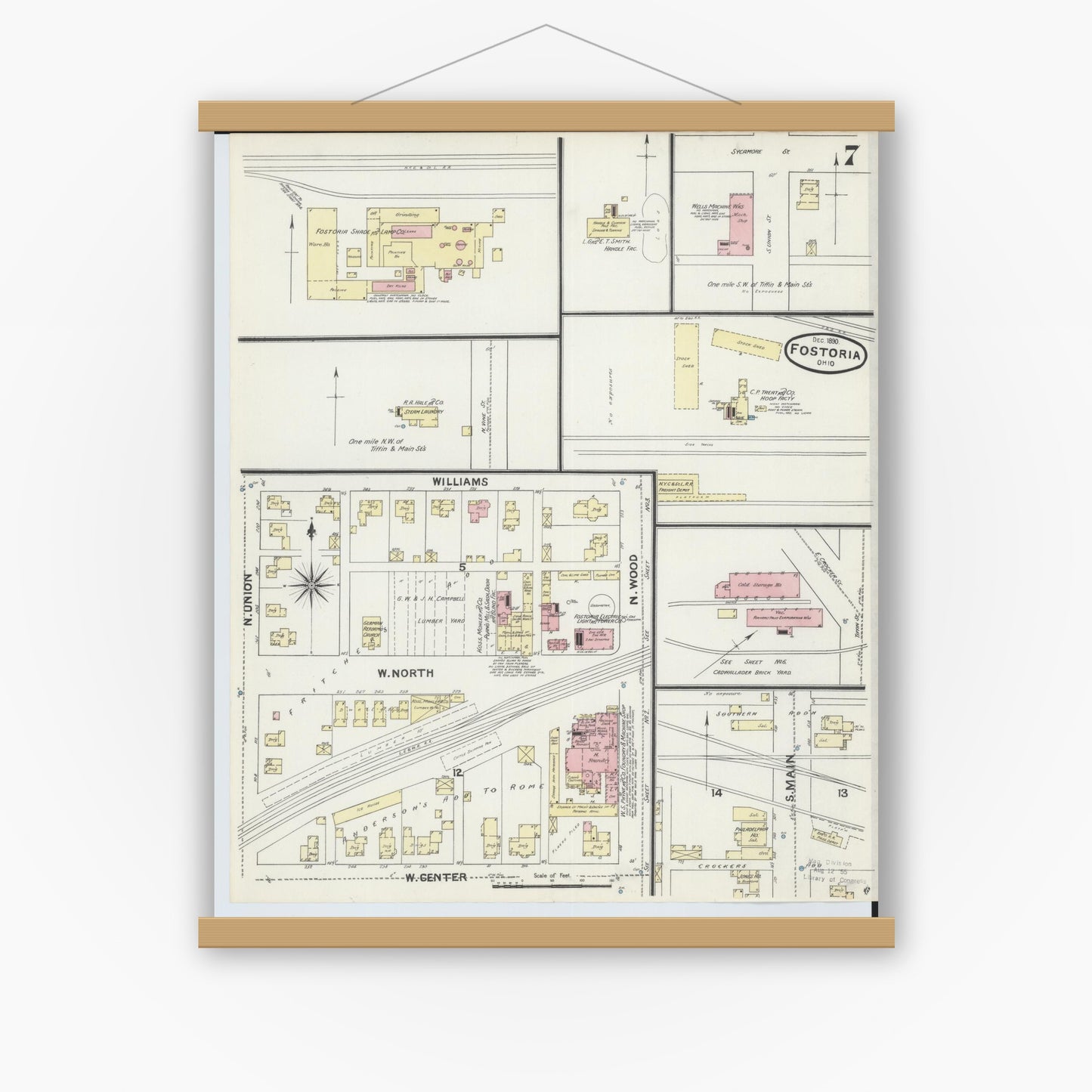 Old map wall art mockup — magnetic wood frame on white wall — Sanborn Fire Insurance Map from Fostoria, Seneca, Hancock, And Wood Counties, Ohio (1891), Sheet #0007
