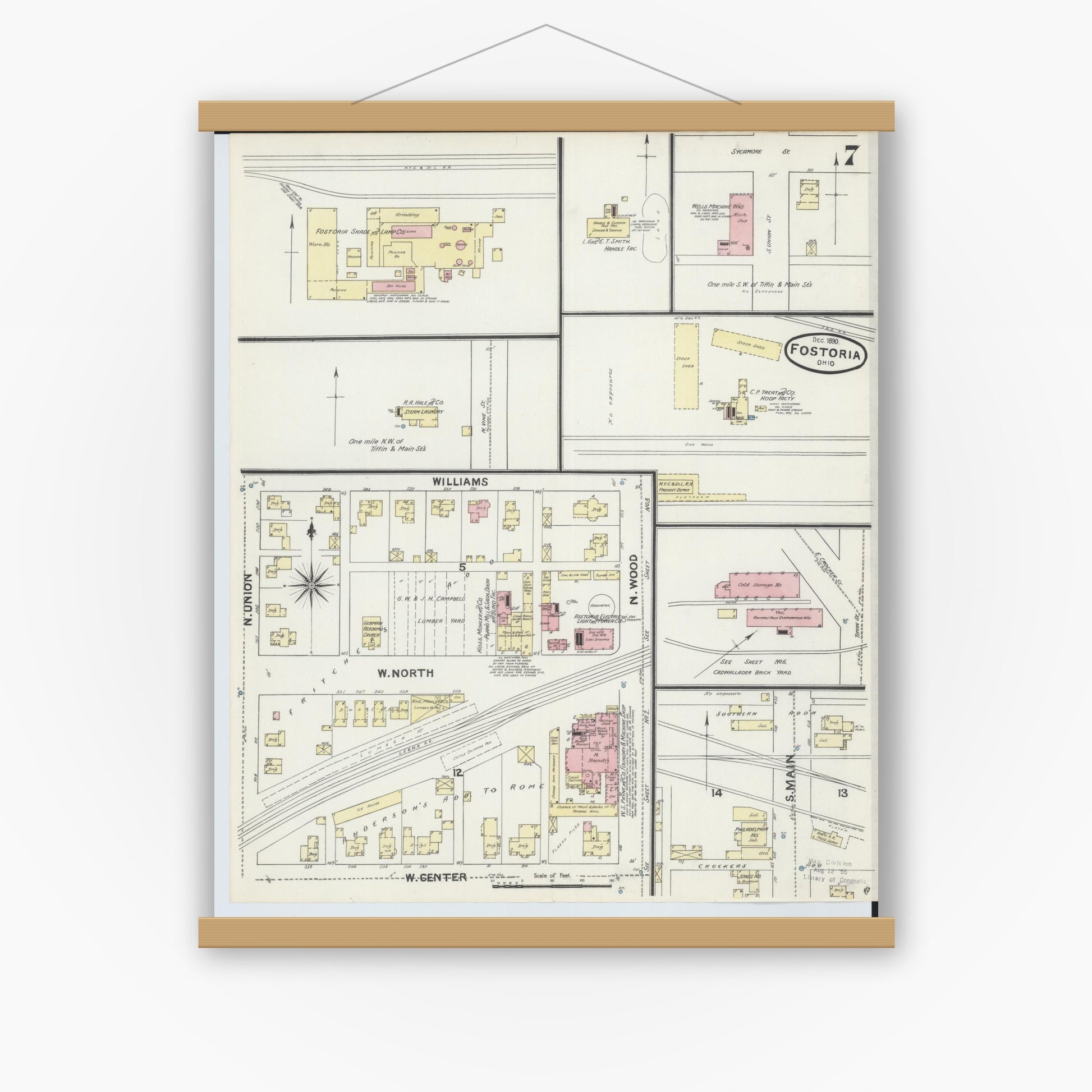 Old map wall art mockup — magnetic wood frame on white wall — Sanborn Fire Insurance Map from Fostoria, Seneca, Hancock, And Wood Counties, Ohio (1891), Sheet #0007