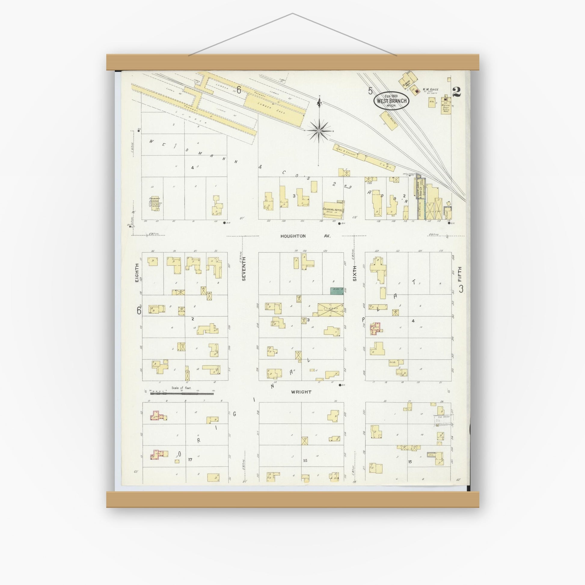 Old map wall art mockup — magnetic wood frame on white wall — Sanborn Fire Insurance Map from West Branch, Ogemaw County, Michigan (1909), Sheet #0002