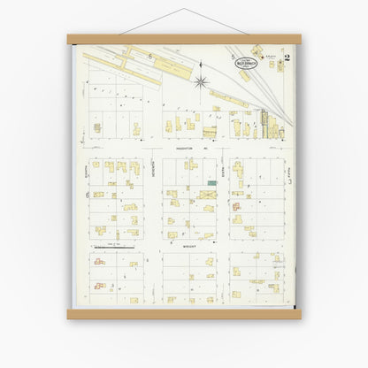 Old map wall art mockup — magnetic wood frame on white wall — Sanborn Fire Insurance Map from West Branch, Ogemaw County, Michigan (1909), Sheet #0002