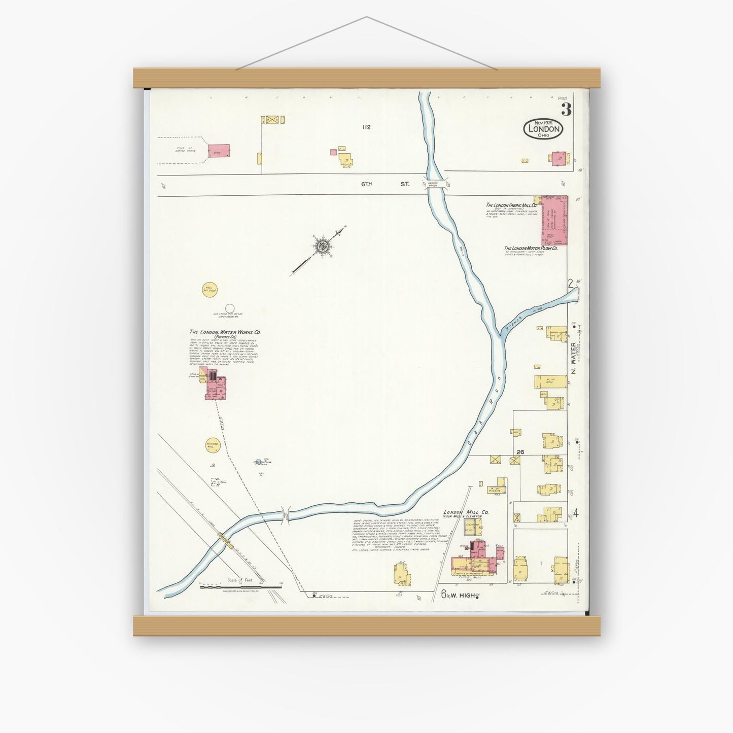 Old map wall art mockup — magnetic wood frame on white wall — Sanborn Fire Insurance Map from London, Madison County, Ohio (1921), Sheet #0003