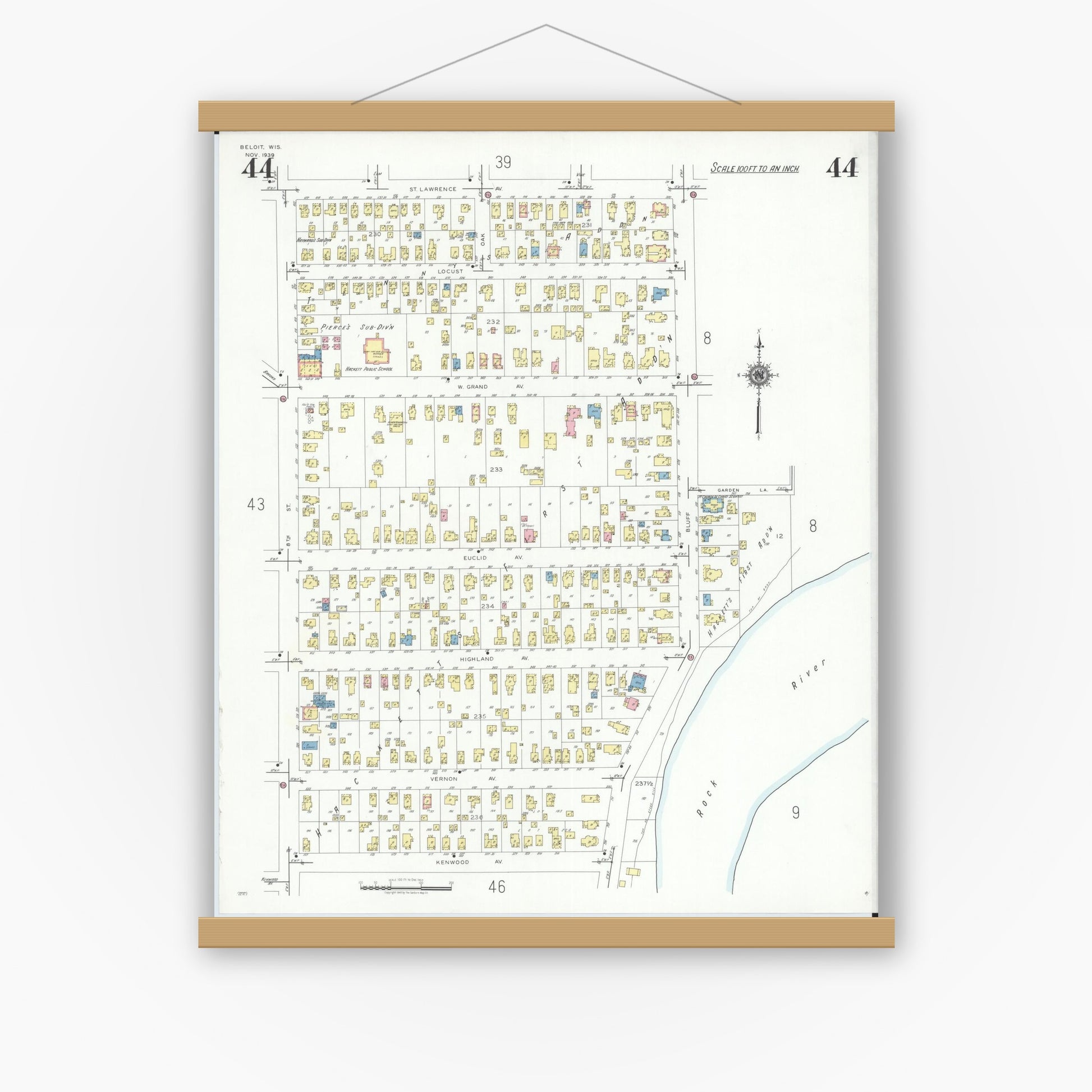 Old map wall art mockup — magnetic wood frame on white wall — Sanborn Fire Insurance Map from Beloit, Rock County, Wisconsin (1939), Sheet #0044