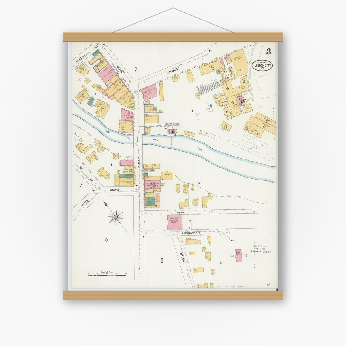 Old map wall art mockup — magnetic wood frame on white wall — Sanborn Fire Insurance Map from Union City, Erie County, Pennsylvania (1905), Sheet #0003