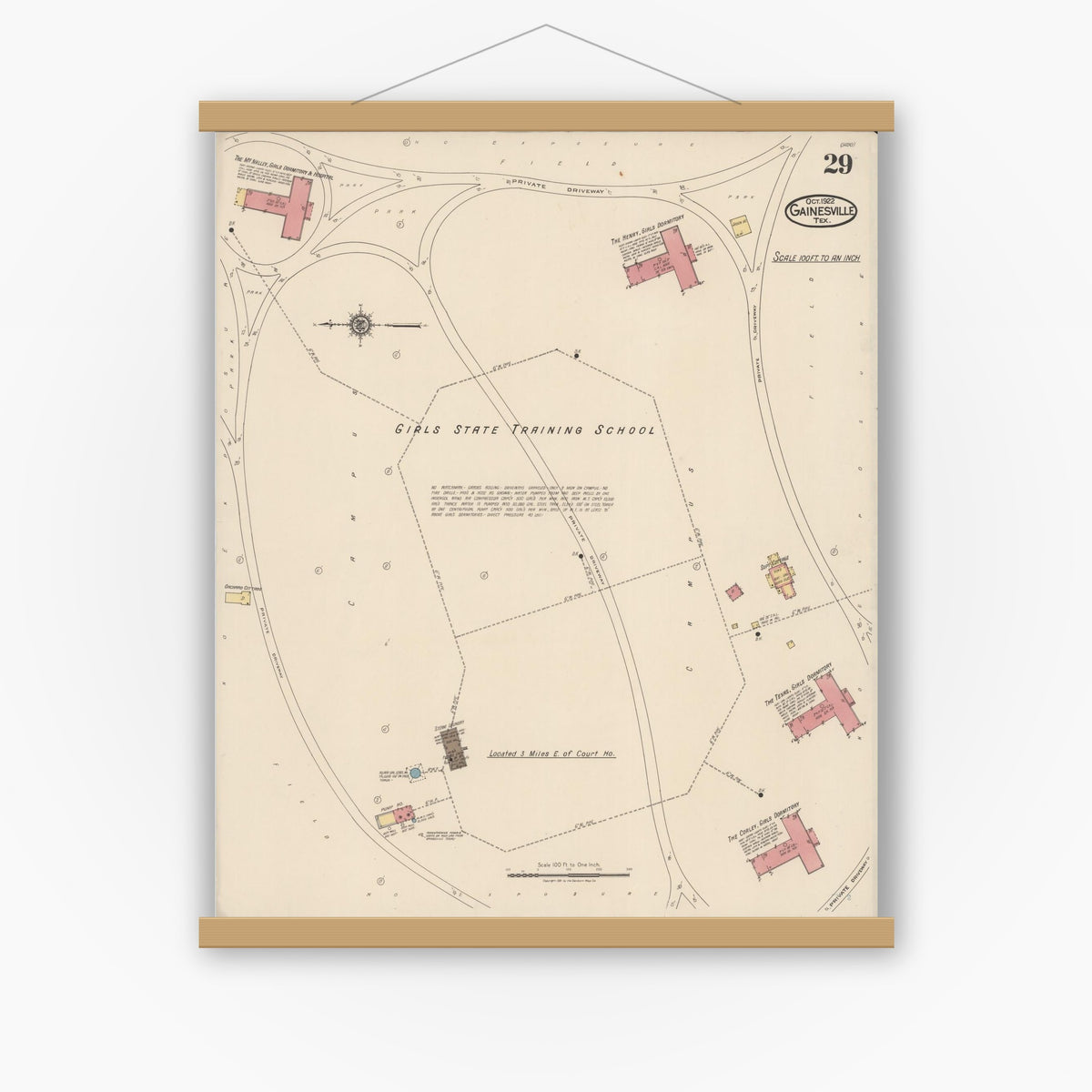 Old map wall art mockup — magnetic wood frame on white wall — Sanborn Fire Insurance Map from Gainesville, Cooke County, Texas (1922), Sheet #0029