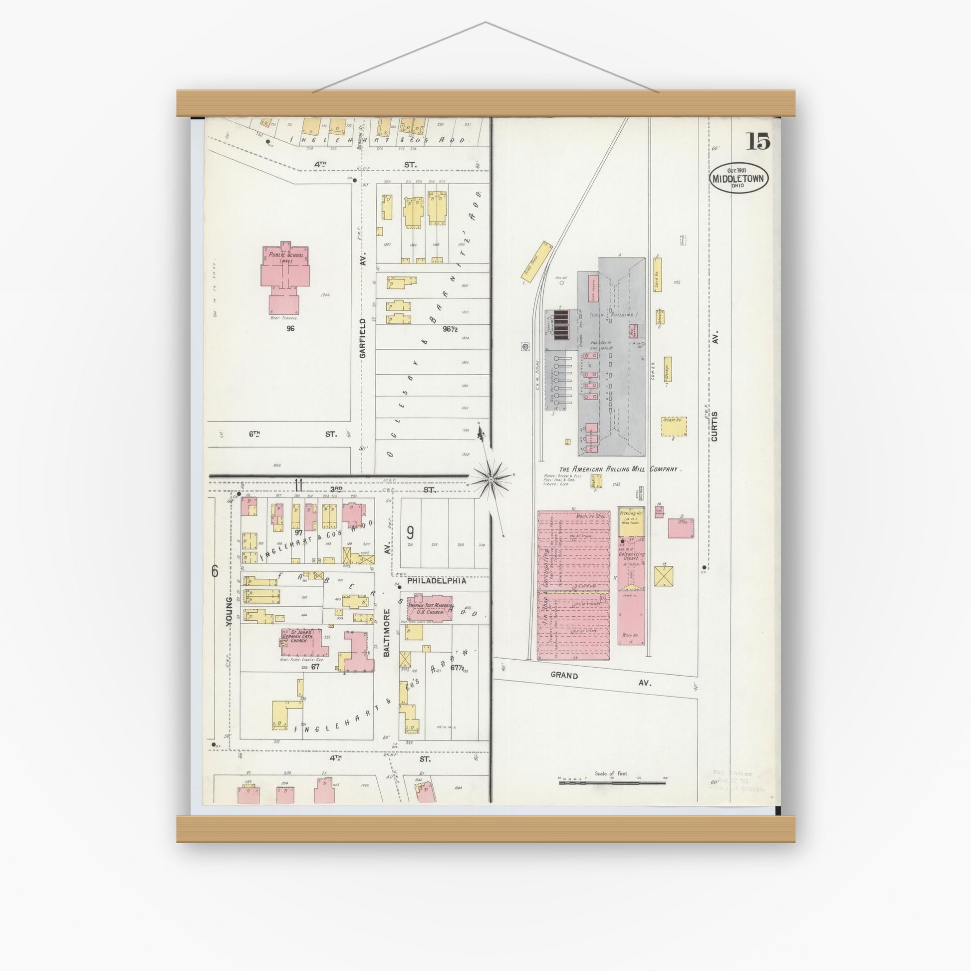 Old map wall art mockup — magnetic wood frame on white wall — Sanborn Fire Insurance Map from Middletown, Butler County, Ohio (1901), Sheet #0015